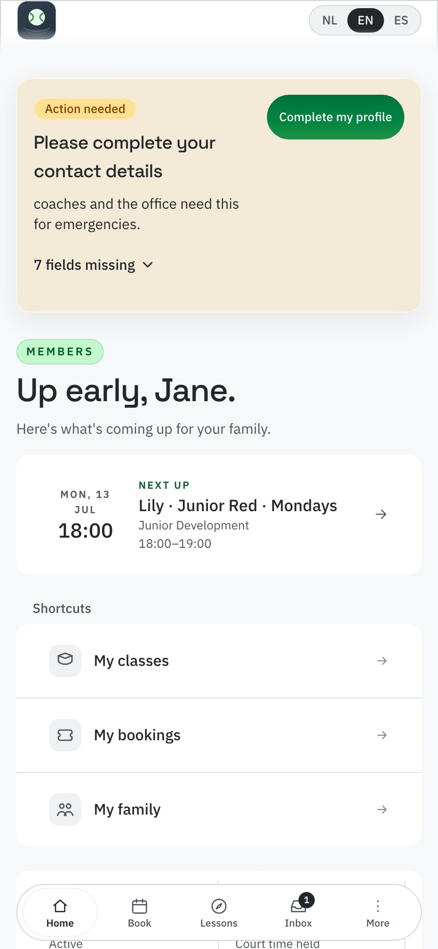 Contakt Academy member home showing family actions, lessons, bookings and inbox
